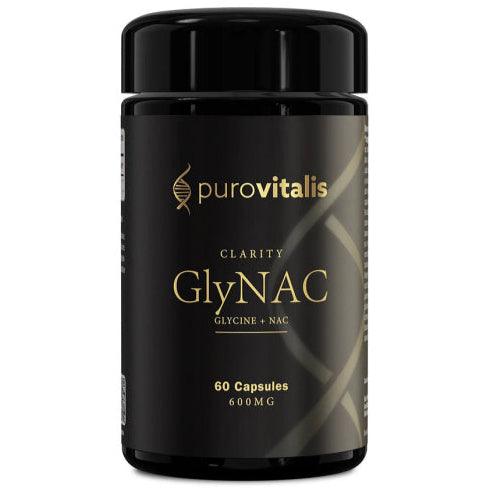 Herbalistas Purovitalis GlyNAC supplement bottle with 60 capsules, front view, showing label and product packaging.