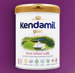 Kendamil Goat First Infant Milk Stage 1 formula in a can, designed for newborns, with a label showing goat milk ingredients.