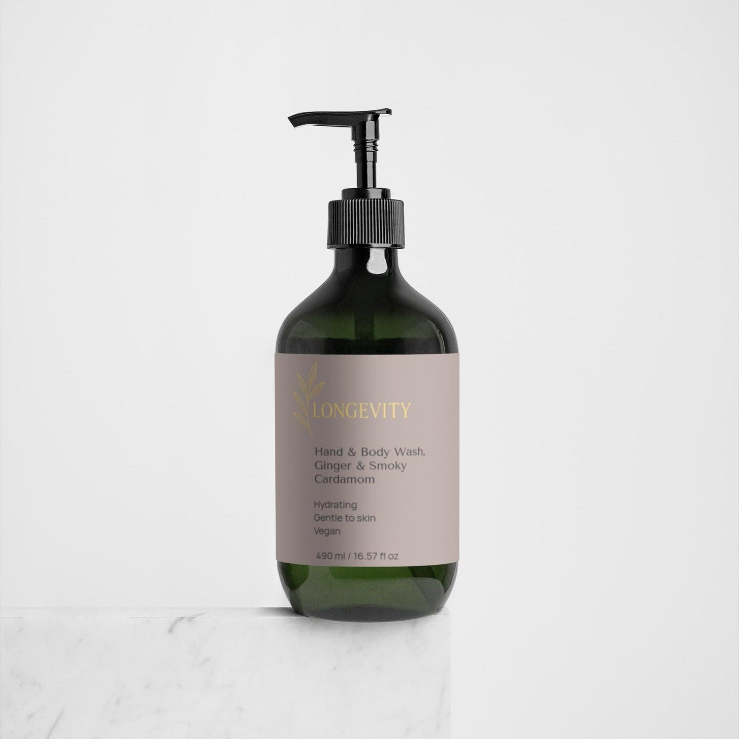 SELNAME Longevity Hand & Body Wash with Ginger and Smoky Cardamom in 490ml bottle, showing the scented liquid and packaging.
