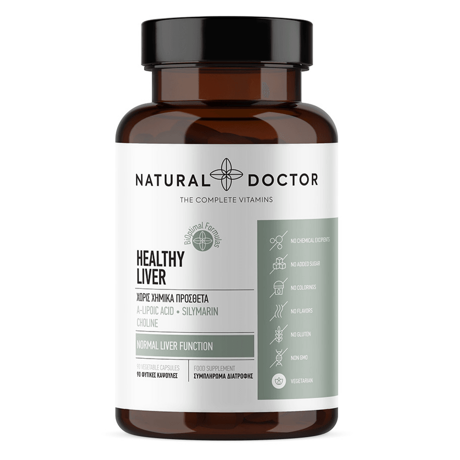 VITAREA Natural Doctor Healthy Liver supplement in a bottle of 90 vegetarian capsules, supporting liver health and detoxification.