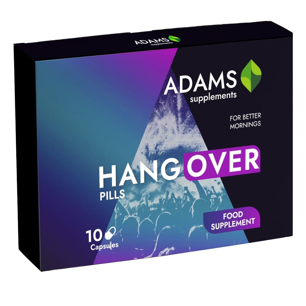 Adams Supplements hangover pills in a bottle with 10 capsules, dietary supplement to relieve hangover symptoms.