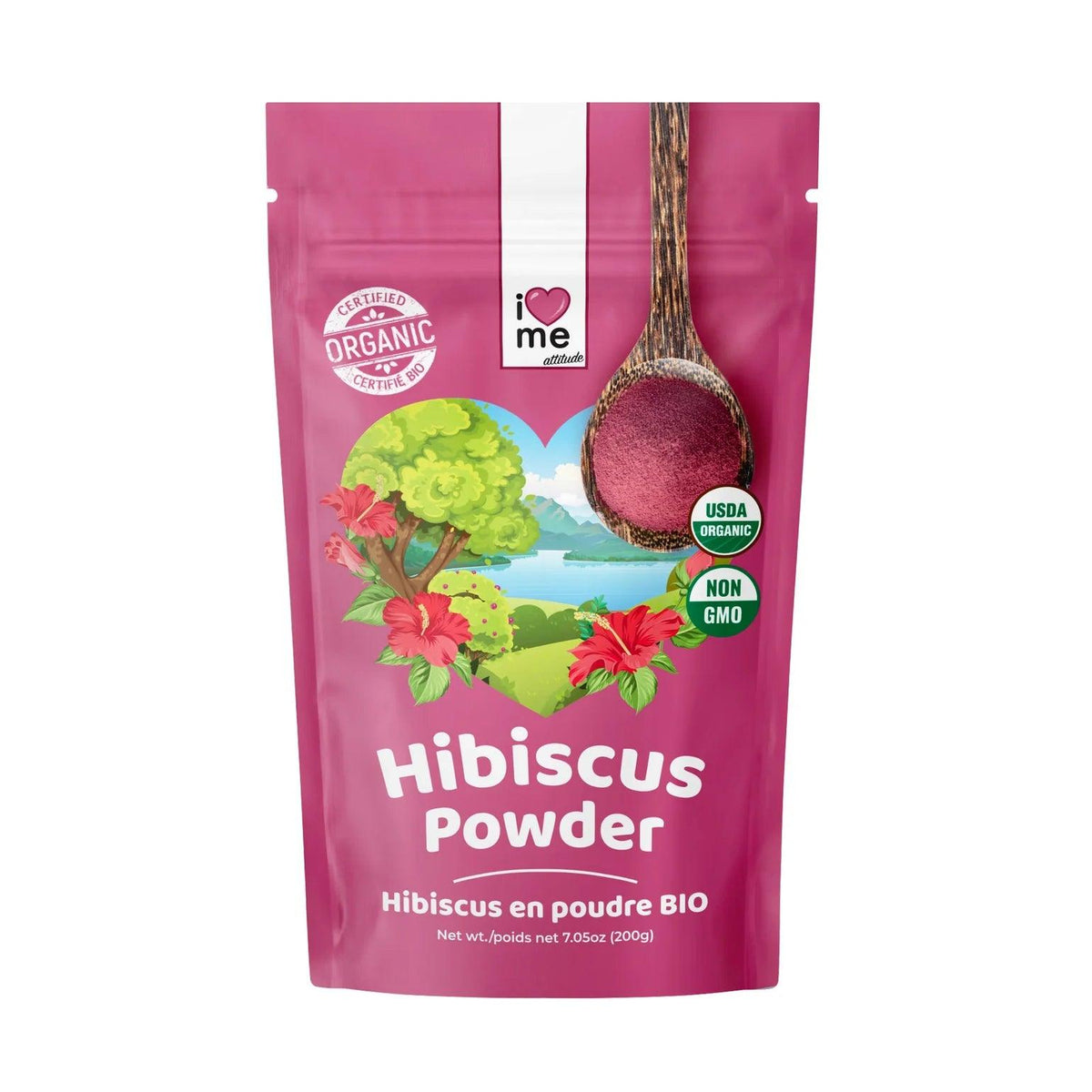 Organic hibiscus powder by ILOVEME in a 200g package, showing vibrant red hibiscus flowers and powder.