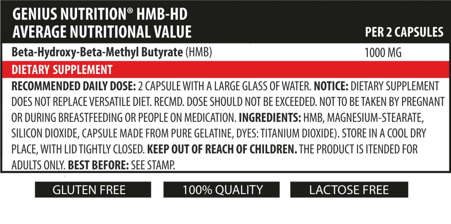 Genius Nutrition HMB-HD supplement bottle with 90 capsules, dietary support supplement for muscle health and recovery.