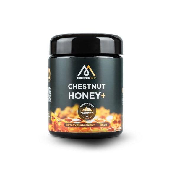 Herbalistas MountainDrop Shilajit blend with raw chestnut honey in a jar, showcasing a natural herbal supplement and honey mixture.