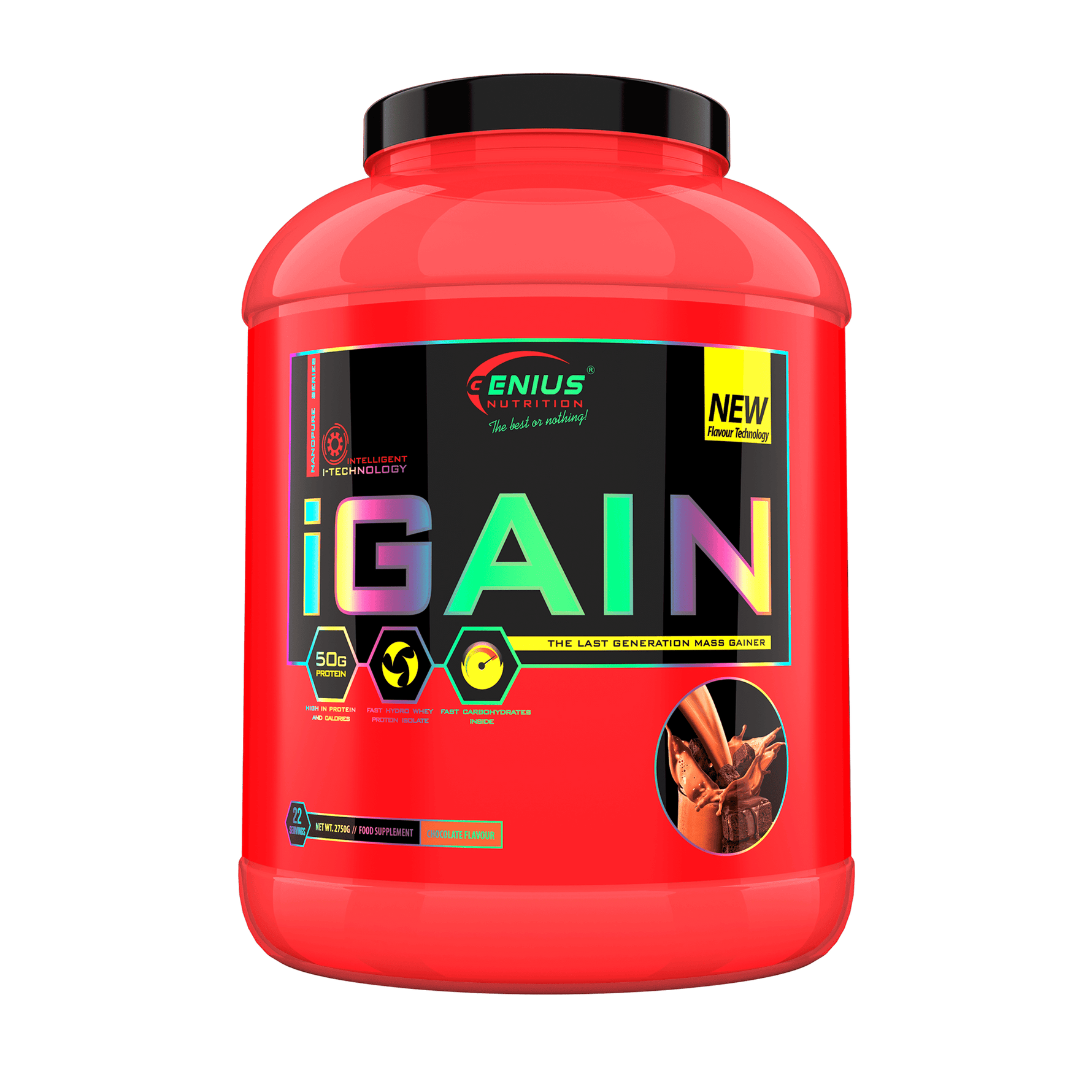 Genius Nutrition IGAIN 2750g chocolate protein powder, mass gainer supplement, in large 22-serving container.