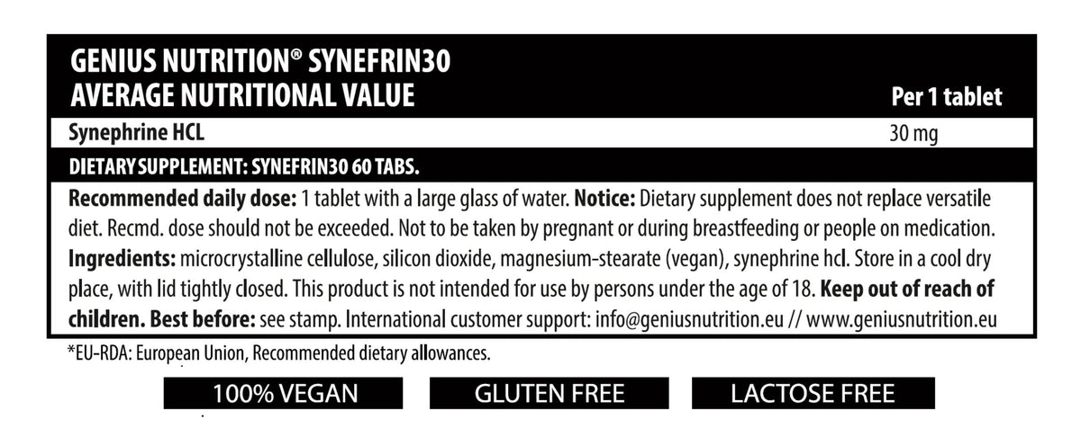 Genius Nutrition Synefrin30 supplement bottle with 60 tablets, showing the label and tablet serving size on the packaging.