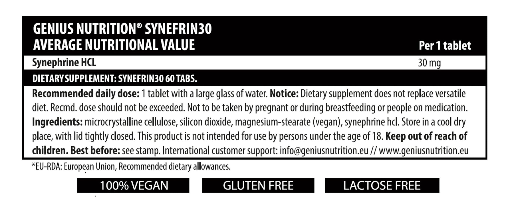 Genius Nutrition SYNEFRIN30 supplement bottle with 60 tablets, dietary supplement for energy and focus.