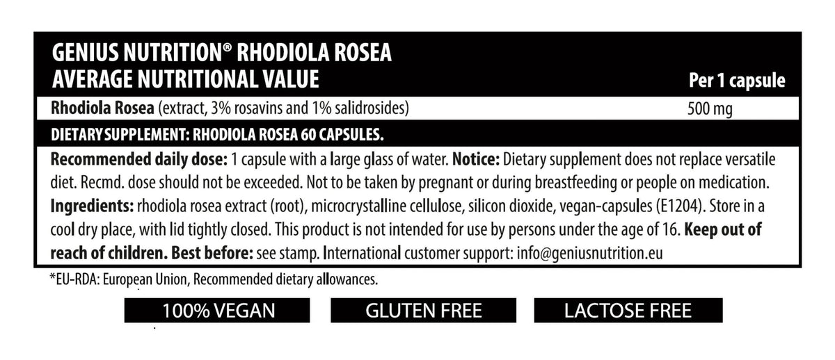 Genius Nutrition Rhodiola Rosea supplement bottle with 60 capsules, natural herbal adaptogen for stress and energy support