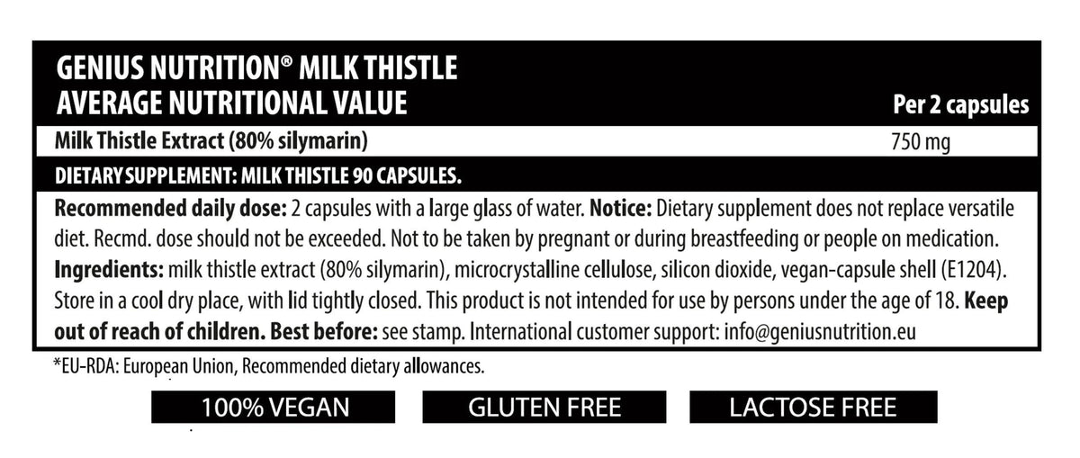 Genius Nutrition Milk Thistle supplement bottle with 90 capsules, natural herbal health boost for liver support.