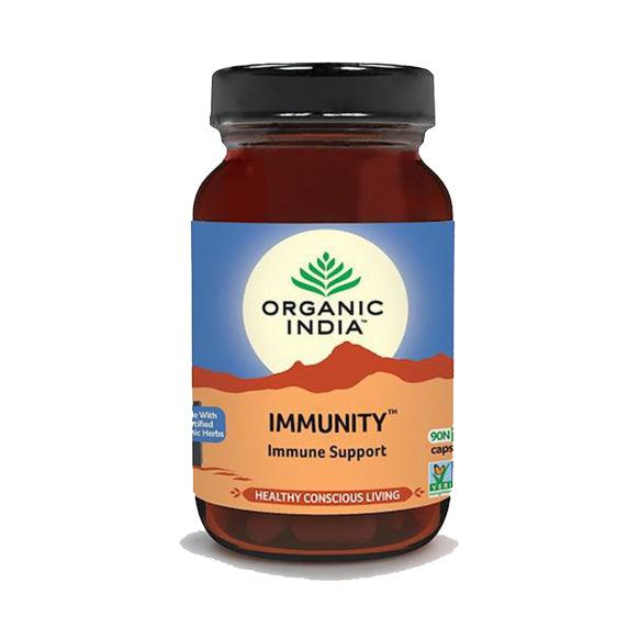 Organic India Immunity capsules in a bottle, herbal supplement for immune support, by Herbalistas.