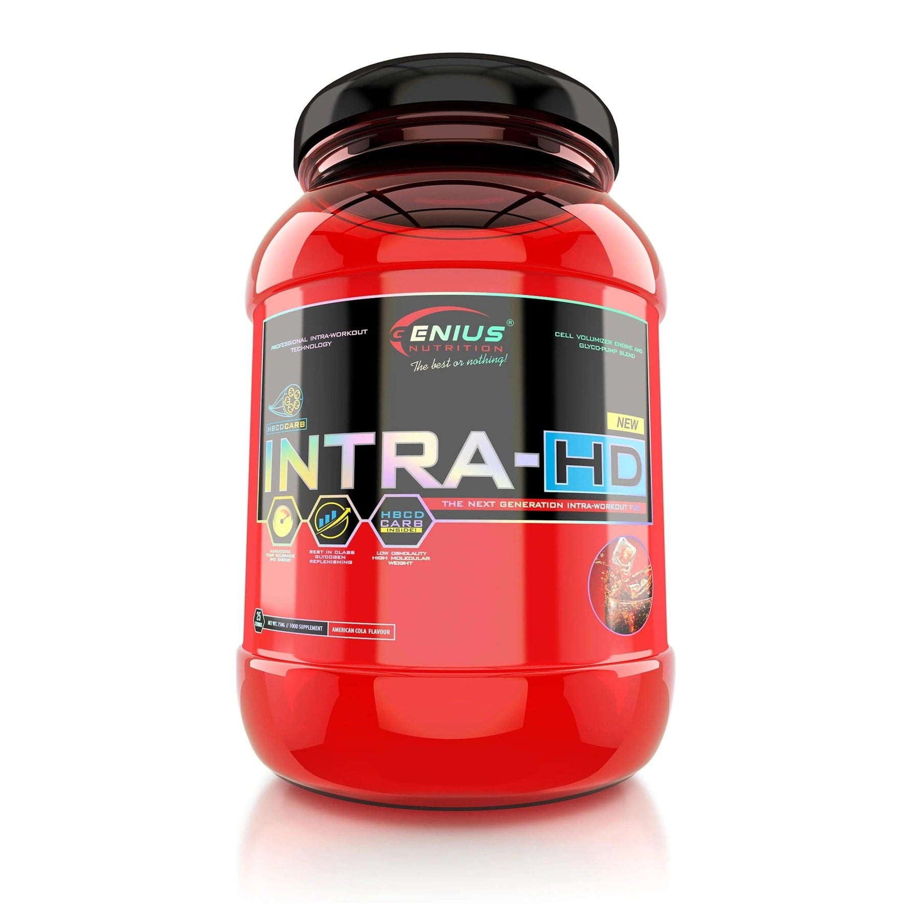 Genius Nutrition INTRA-HD supplement jar with 750g label, showing the product container and branding for intra-hdd protein supplement