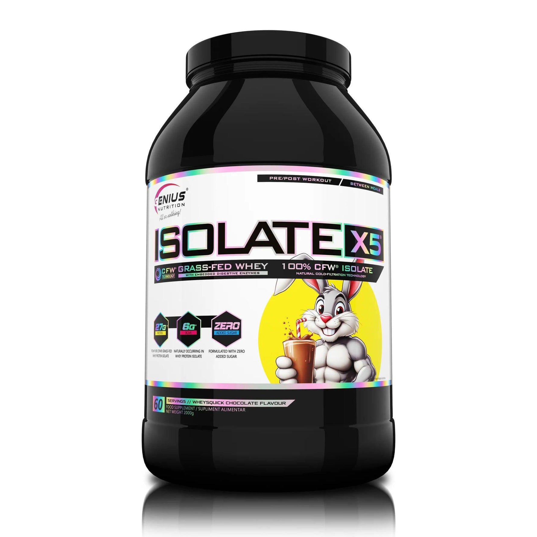 Genius Nutrition ISOLATE-X5 Wheysquick Chocolate protein powder 2000g container on white background