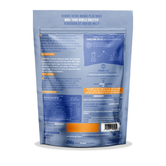 Iswari BIO Xylitol sugar alternative in 250g package, gluten-free superfood from Herbalistas, shown with acai powder background.