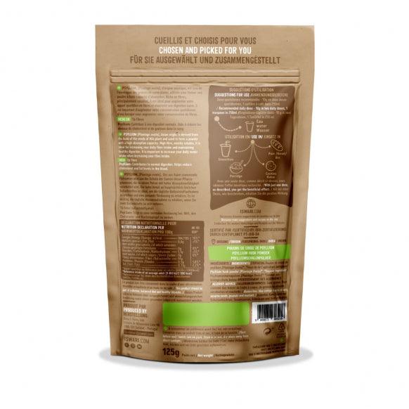 Old Products Iswari BIO Psyllium Husk, gluten-free superfood in a 125g package, shown with a bowl of prepared psyllium.