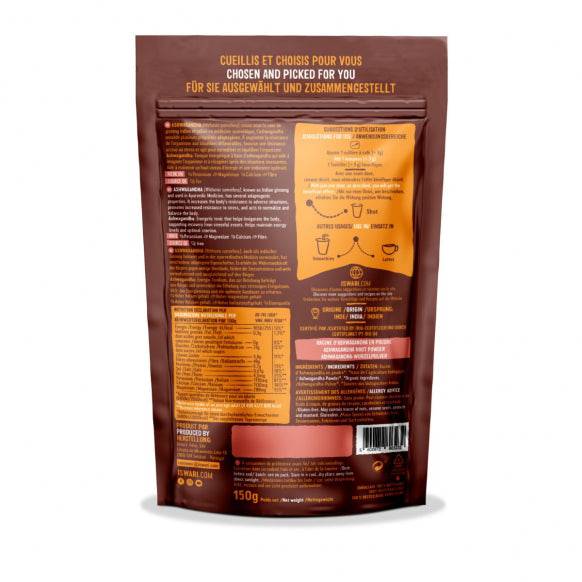 Iswari BIO Ashwagandha Powder supplement in 150g package, gluten-free, shown in a natural setting with the product packaging visible.