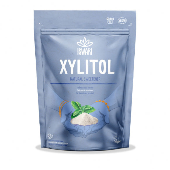 Iswari BIO Xylitol superfood package from Herbalistas, gluten-free sugar alternative, with acai powder visible on the front.
