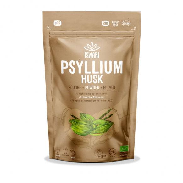 Iswari BIO Psyllium Husk superfood in 125g package, gluten-free, with a front view showcasing the product label and packaging.