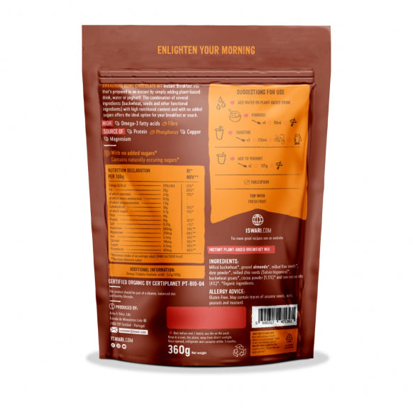 Iswari BIO Awakening Bowl Chocolate Hit energy powder in a 360g jar, gluten-free herbal supplement with chocolate flavor.