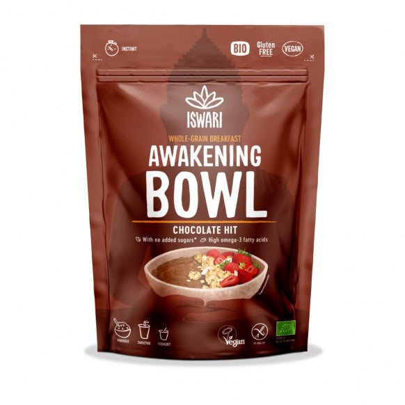 Iswari BIO Awakening Bowl Chocolate Hit energy powder in a bowl, gluten-free, 360g, with chocolate flavor and herbal ingredients.