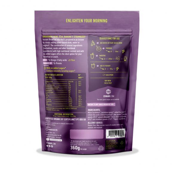 Iswari BIO Awakening Bowl supplement with acai, banana, and strawberry powder, shown in a 360g container with a spoon.