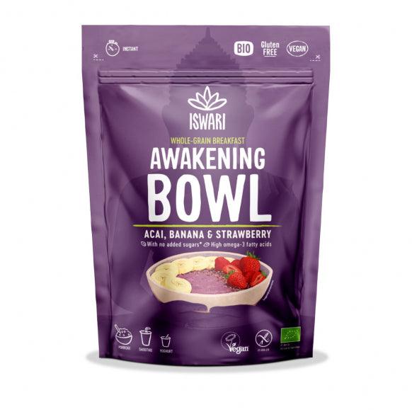 Herbalistas Iswari BIO Awakening Bowl supplement featuring acai, banana, and strawberry powder in a 360g package.