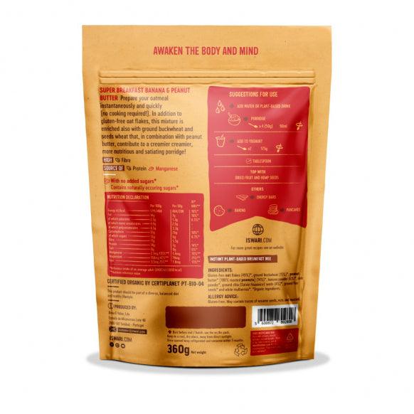 Iswari BIO Super Breakfast energy product with banana and peanut butter flavor, gluten-free powder in 360g package
