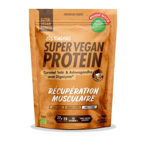 Iswari BIO Super Vegan Protein powder in salted caramel and ashwagandha flavor, gluten-free, 400g container, front view.