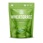 Herbalistas Iswari BIO Wheatgrass Powder supplement in 200g package, gluten-free, featuring green wheatgrass powder in a clear container.