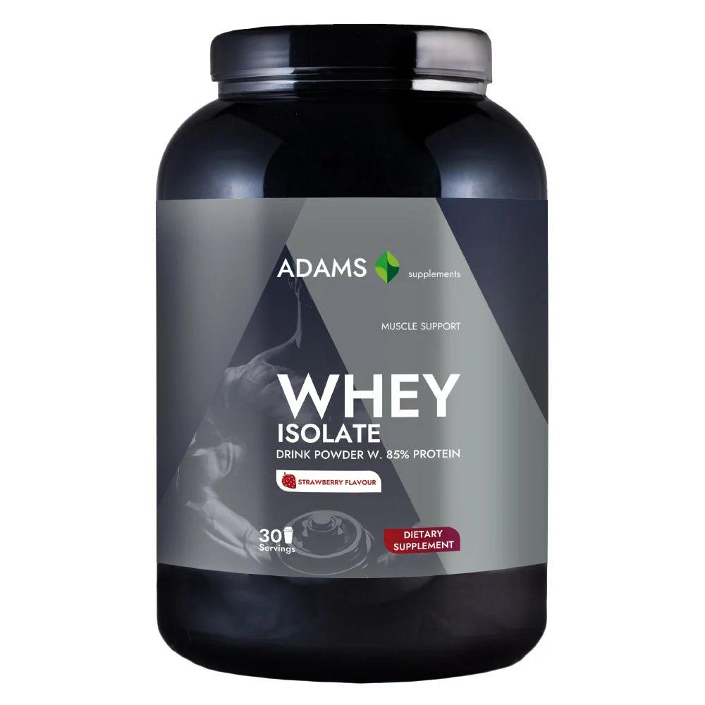 Adams Supplements whey isolate protein powder in 908g container, showing the label and scoop with powder inside.