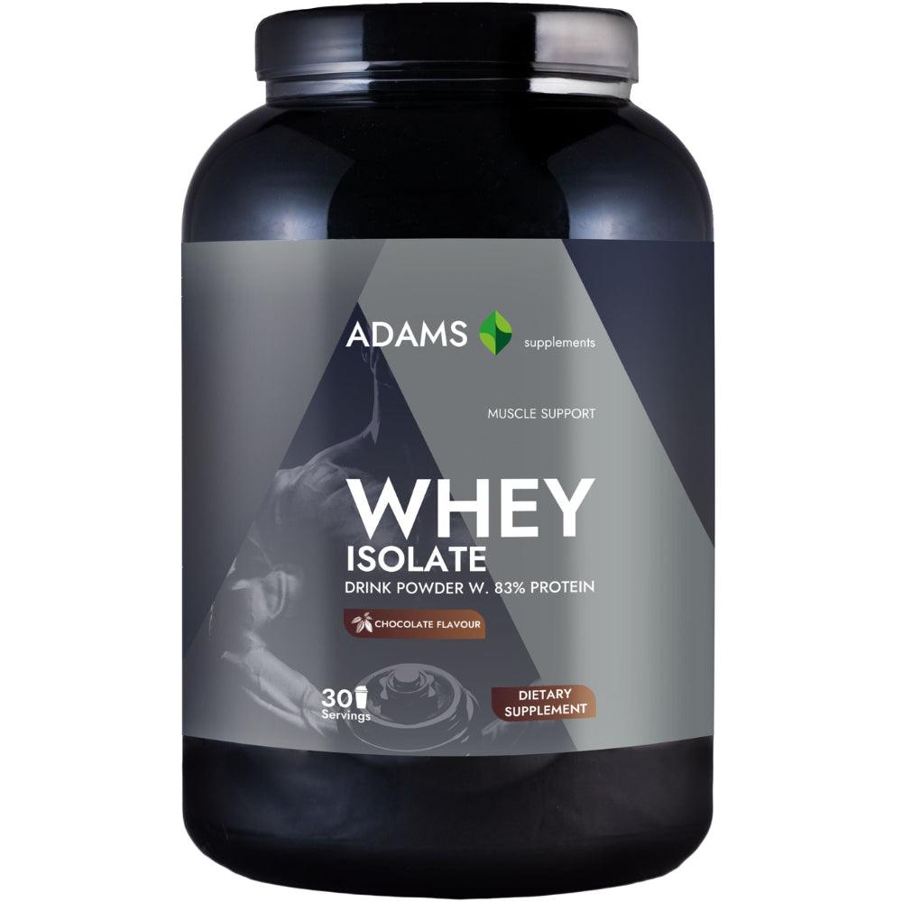 Adams Supplements whey isolate protein powder in chocolate flavor, 908g jar with a scoop and label visible.