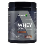 Adams Supplements whey isolate protein in chocolate flavor, 360g container, with a scoop and a glass of prepared shake.