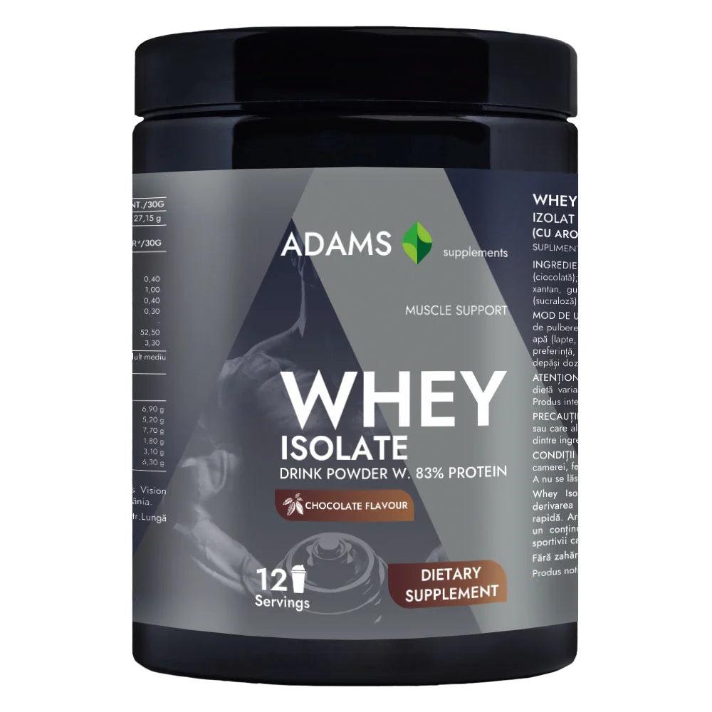 Adams Supplements whey isolate protein in chocolate flavor, 360g container, with a scoop and a glass of prepared shake.