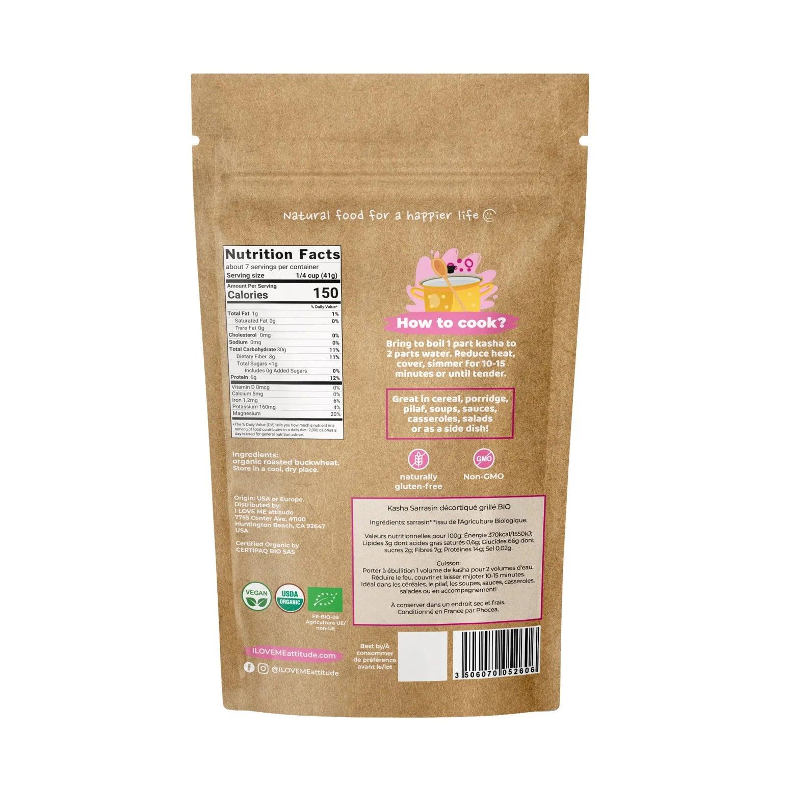 Organic roasted buckwheat kasha in 300g package from ILOVE ME, showing the natural toasted buckwheat grains in a clear bowl.