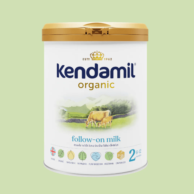 Kendamil Organic Follow-On Milk Stage 2 for 6-12 months in a can, showing the product label and branding.