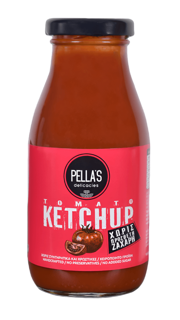 Bottle of Pella's Delicacies tomato ketchup with no added sugar, 290g, featuring classic label and red ketchup inside.