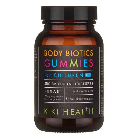 Kiki Health Body Biotic for Children real fruit gummies supplement, showing colorful chewable gummies for kids.