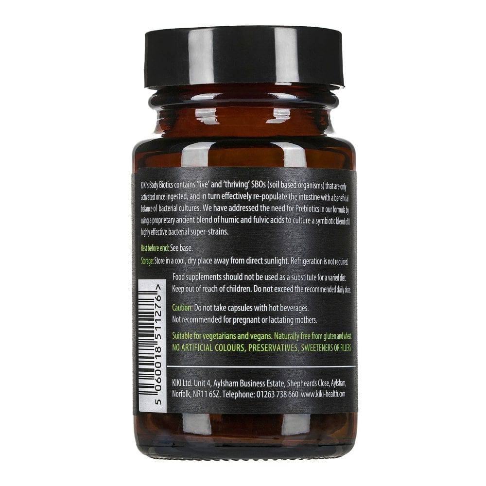 Kiki Health Body Biotics SBO Probiotic Formula supplement in 30 veggie capsules, featuring beneficial probiotic strains for gut health.