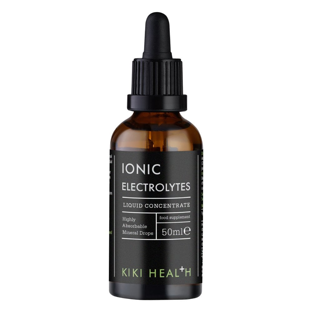 Kiki Health Ionic Electrolytes Liquid Concentrate supplement in a 50ml bottle, shown with the product label and cap.