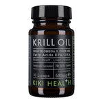 Kiki Health Krill Oil supplement in 30 Licaps, showing the capsule packaging and product label.