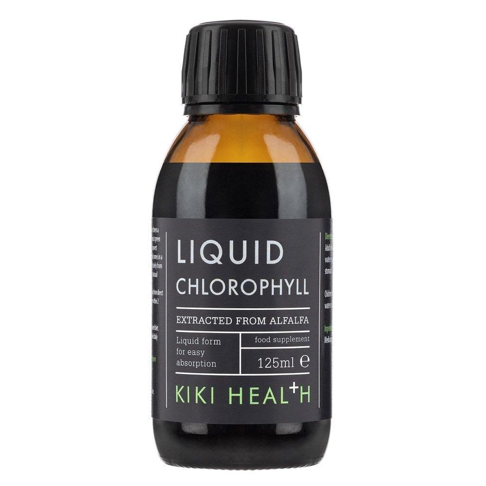 Kiki Health Liquid Chlorophyll supplement in a 125ml bottle, natural green liquid, produced by Herbalistas.