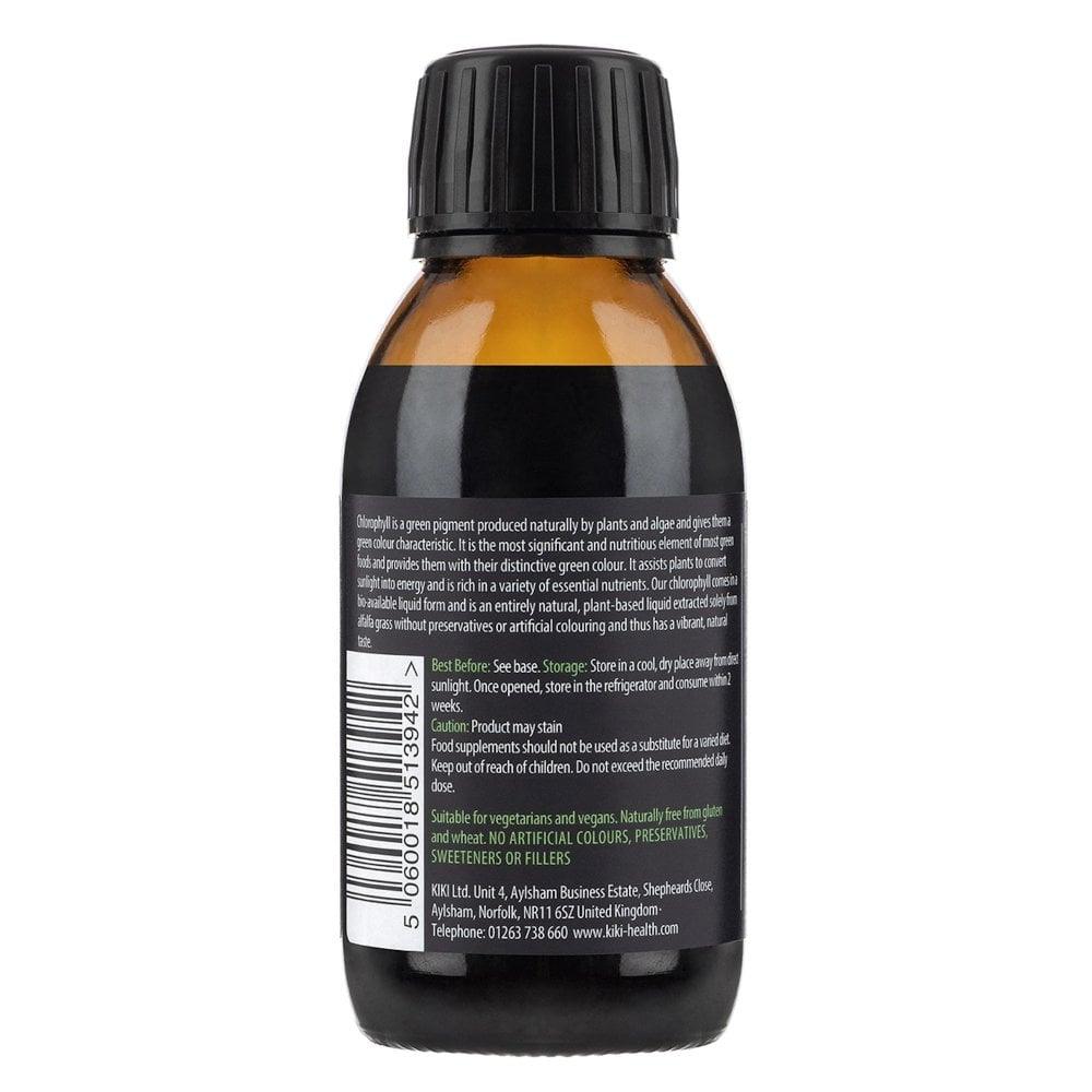 Kiki Health Liquid Chlorophyll supplement in a 125ml bottle, showing the clear liquid inside and the product label.