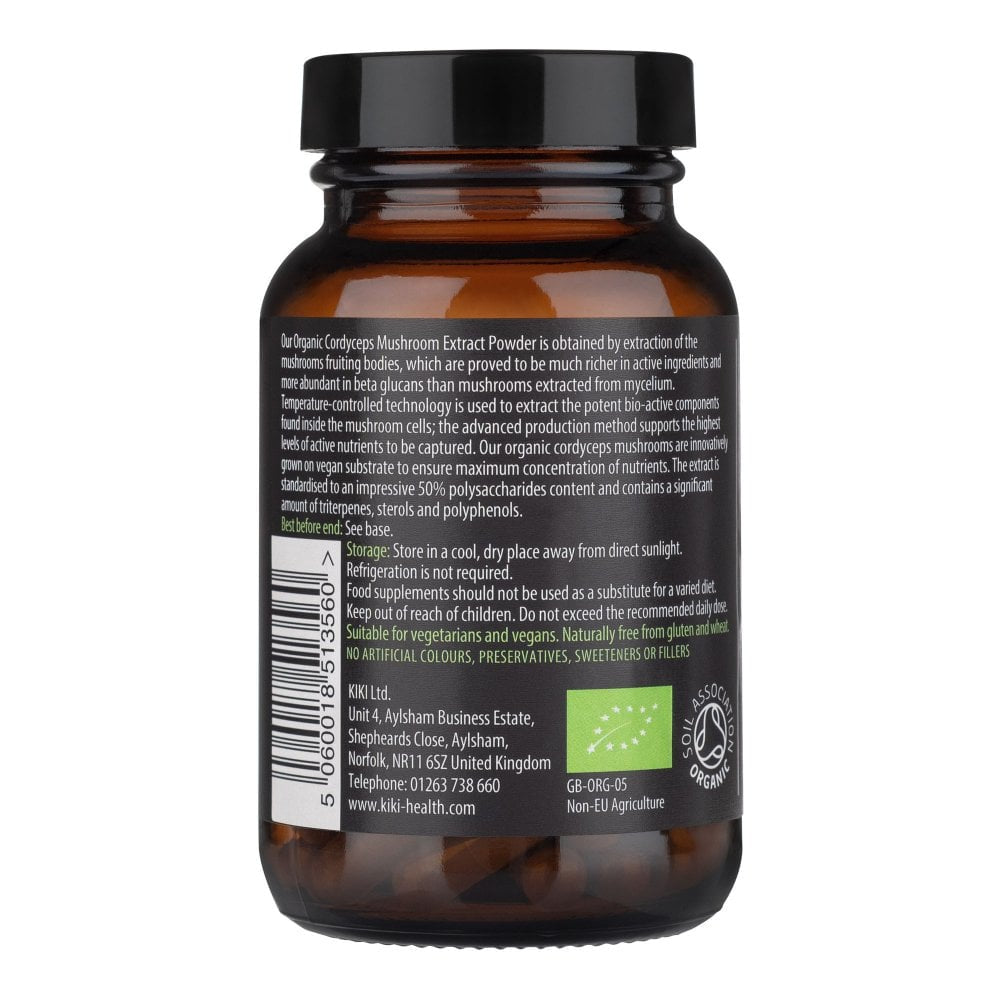 Kiki Health Organic Cordyceps Mushroom Extract supplement in 60 vegicaps, featuring natural mushroom extract for health support.