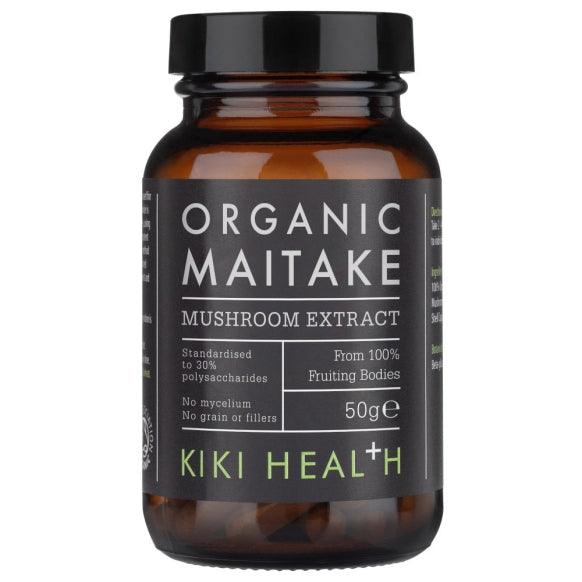 Organic Maitake Mushroom Extract Powder by Kiki Health in a 50g jar, showing the powder and packaging.