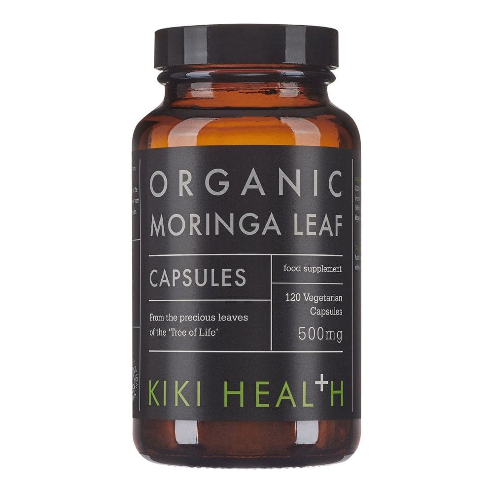Organic Moringa supplement by Kiki Health in 120 vegicaps, showing green moringa leaf capsules in a container.