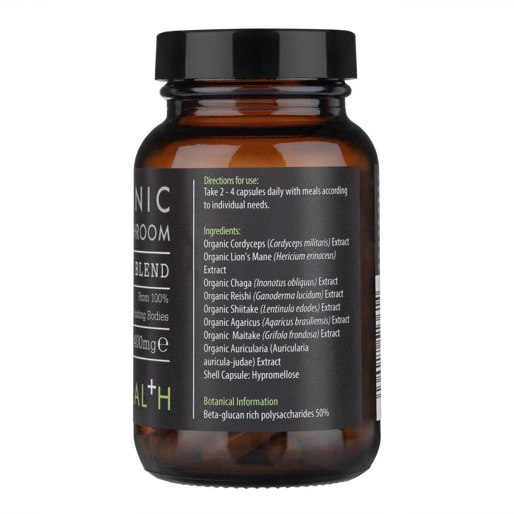 Kiki Health Organic 8 Mushroom Extract Blend supplement in 60 veggie capsules, containing 400mg of mushroom extract per capsule.