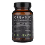 Kiki Health Organic 8 Multi Mushroom Extract Blend supplement in 60 vegetarian capsules, featuring a variety of medicinal mushroom extracts.