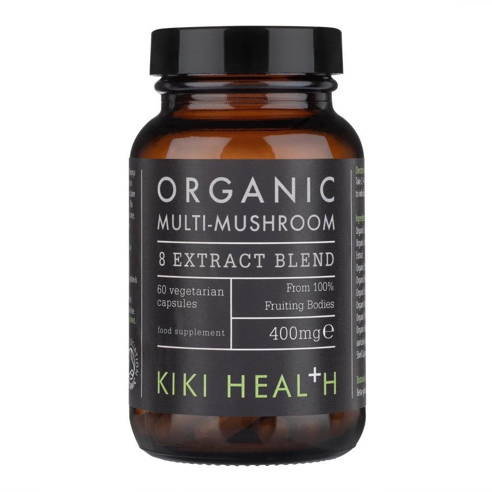 Kiki Health Organic 8 Multi Mushroom Extract Blend supplement in 60 vegetarian capsules, featuring a variety of medicinal mushroom extracts.