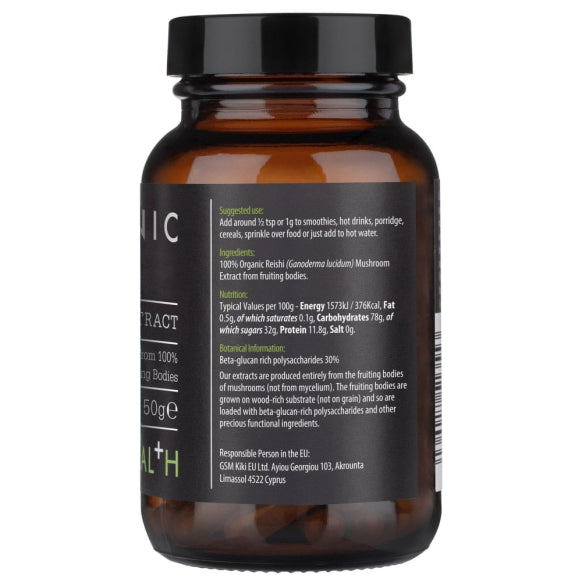 Organic Reishi Mushroom Extract Powder by Kiki Health, herbal supplement in 50g pack, natural reishi mushroom powder for wellness.