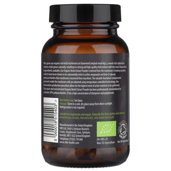 Kiki Health Organic Reishi Mushroom Extract Powder supplement in a 50g container, natural reishi mushroom supplement by HERBALISTAS.