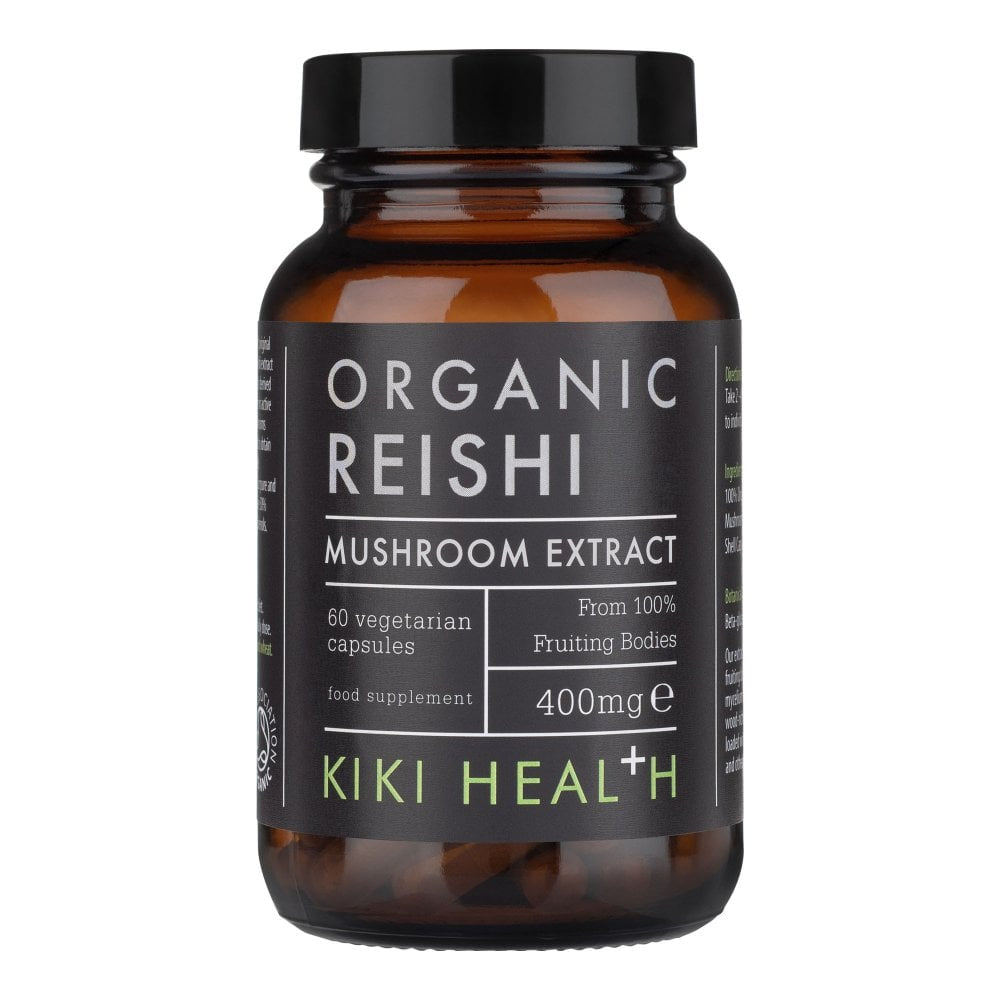 Organic Reishi Mushroom Extract supplement by Herbalistas in 60 veggie capsules, showing the capsules and label details.